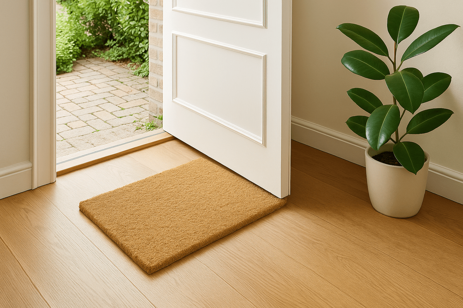 Tapis brosse coco naturel placé à l’entrée d’une maison pour retenir les saletés et l’humidité.