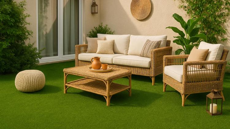 Terrasse aménagée avec gazon synthétique vert, mobilier en rotin et coussins beiges dans un espace extérieur décoré de plantes.