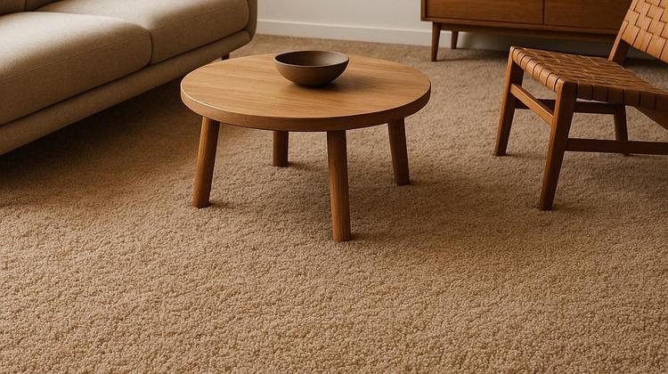 Salon moderne avec moquette épaisse beige posée professionnellement, accompagnée de mobilier en bois.