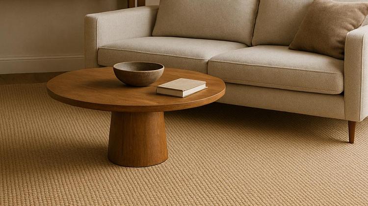 Sol végétal en fibres naturelles style jonc de mer installé dans un salon chaleureux avec mobilier en bois et canapé beige.